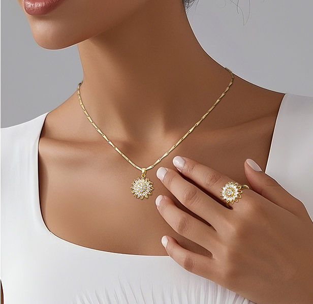 SET GIRASOL DE LUJO : COLLAR Y ANILLO AJUSTABLE